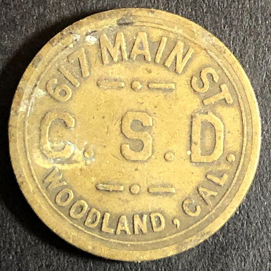 G/F 5c C.S.D. Charles Dunlap Cigars c1920's Brass Trade Token 21mm - Woodland CA