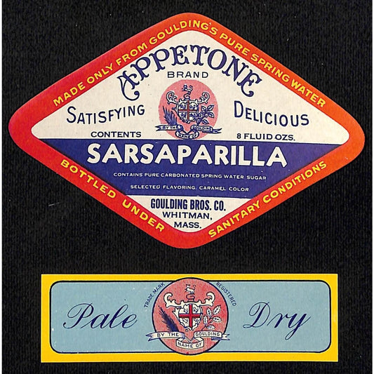 Appetone Sarsaparilla Goulding Bros. Whitman, MA Soda Bottle Label Set c1925-35