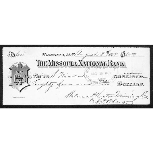 1888 Missoula National Bank Montana Territory Check Helena & Victor Mining #600