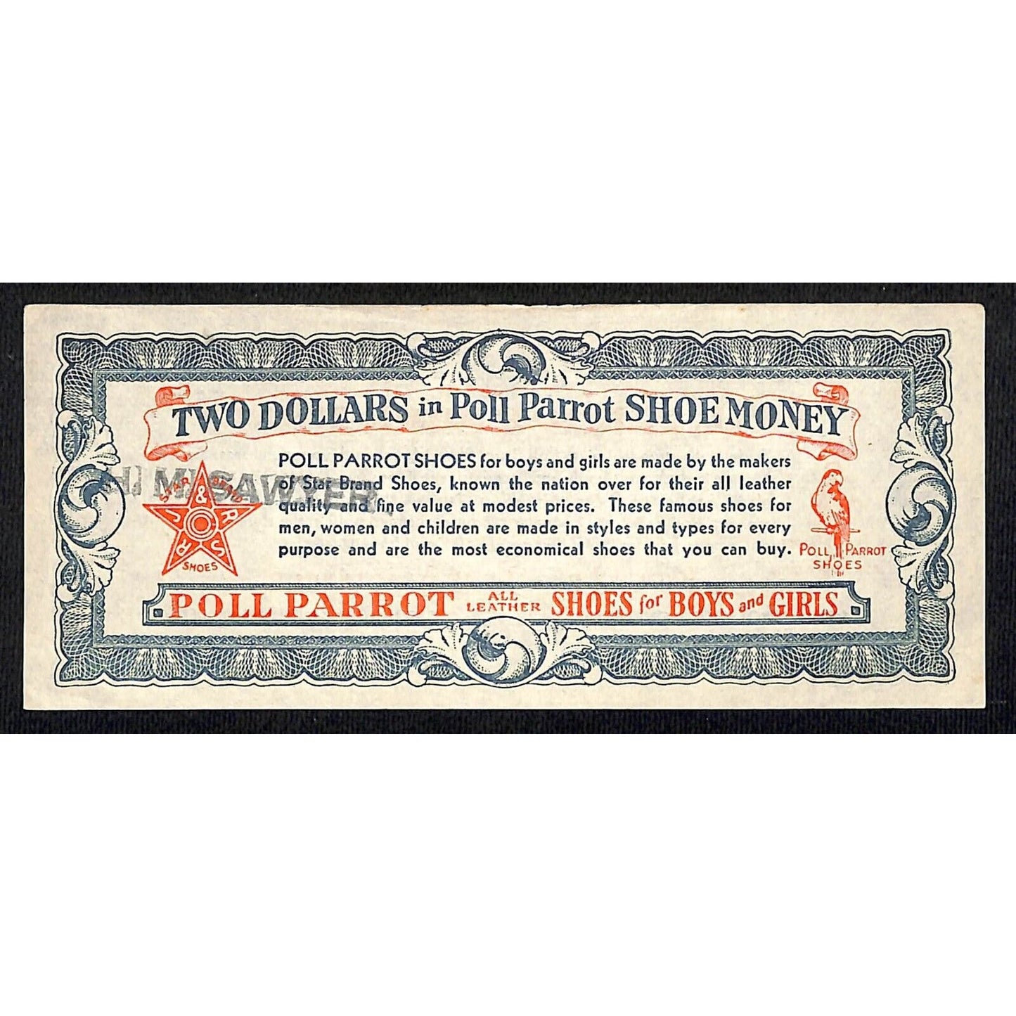 Poll Parrot Shoe Money Dealer $2 Off c1940's-50s Coupon Script 3pcs. VGC