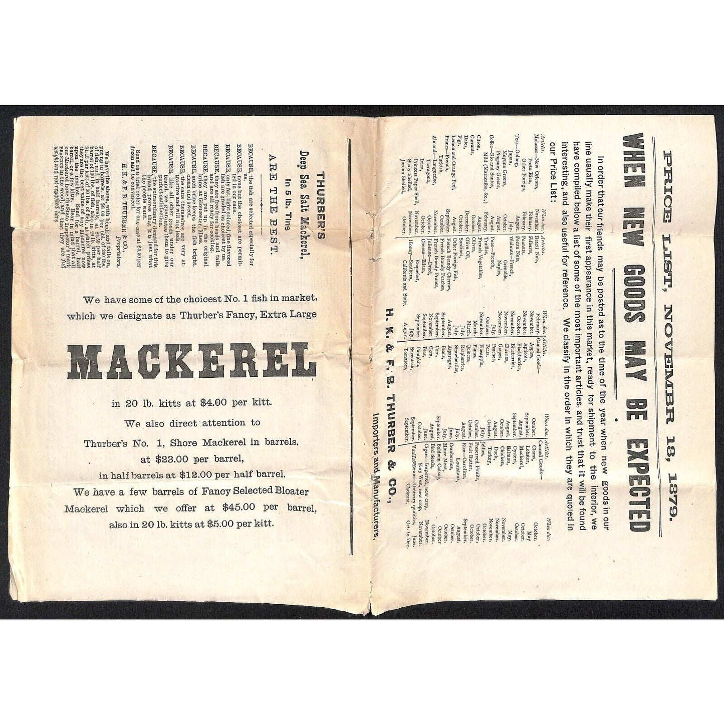 H.K. & F.B. Thurber & Co NYC 1879 Newspaper-Style Whsl. Food Price List Scarce