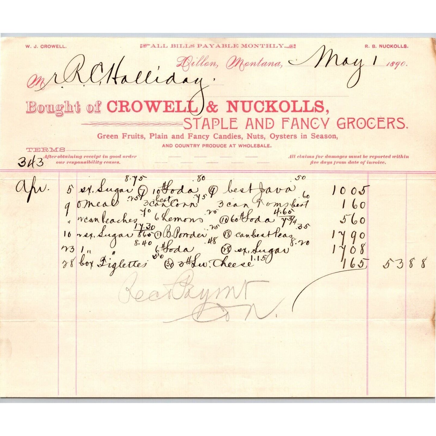 Dillon MT Crowell & Nuckolls May 1890 Billhead Fancy Groceries R.C. Halliday*