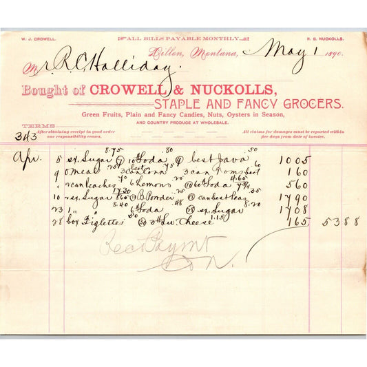 Dillon MT Crowell & Nuckolls May 1890 Billhead Fancy Groceries R.C. Halliday*