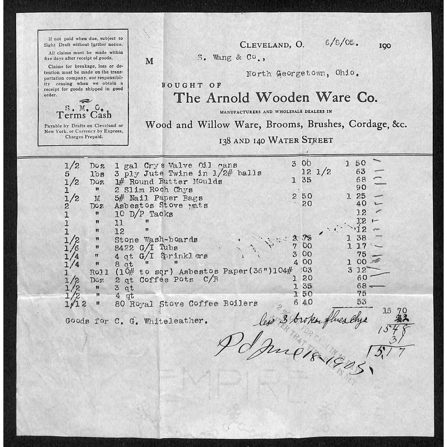 Arnold Wooden Ware Cleveland Samuel Wang Co* N. Georgetown 1905 Billhead & Cover
