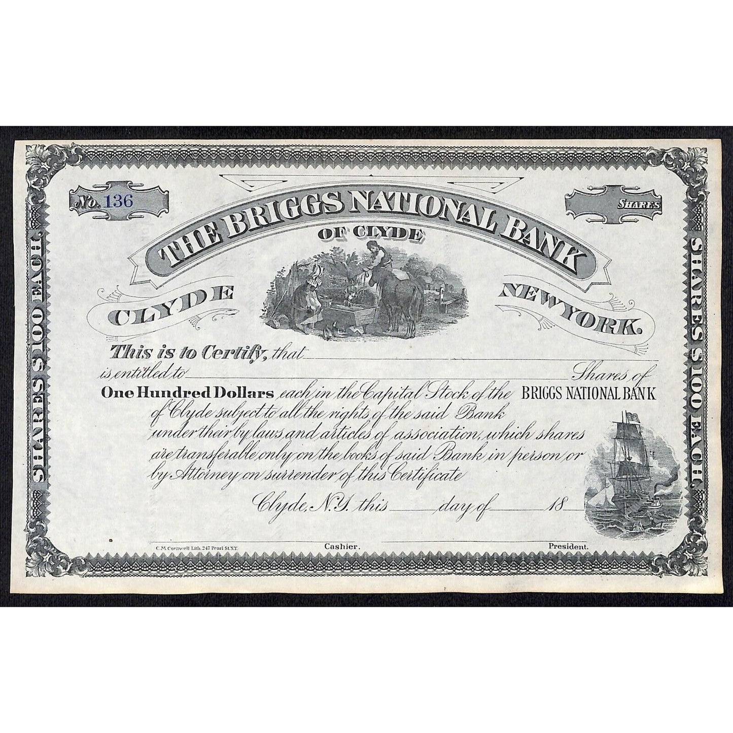 The Briggs National Bank of Clyde NY c1880* Stock Certificate Unissued #136