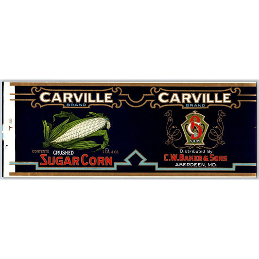 Carville Brand Crushed Sugar Corn C.W. Baker Aberdeen Paper Can Label c1930's