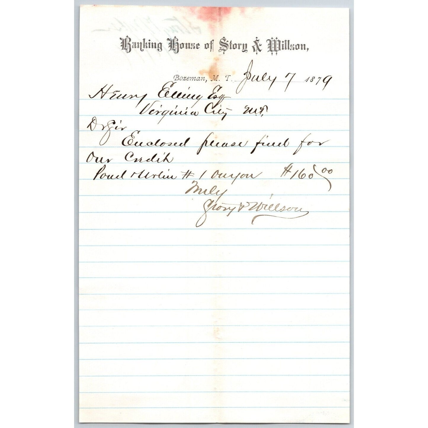 Banking House of Story & Nelson Bozeman, MT 7/7 1879 Letterhead Henry Elling*