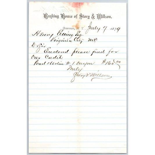 Banking House of Story & Nelson Bozeman, MT 7/7 1879 Letterhead Henry Elling*