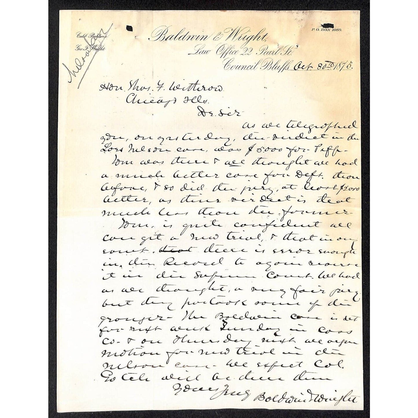 Baldwin & Wright Council Bluffs 1875 Letterhead / re: Nelson Case Legal Matters
