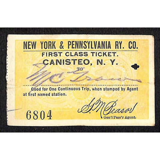 New York & Pennsylvania Railroad RY July 16 1917 McGraws Ticket #6804