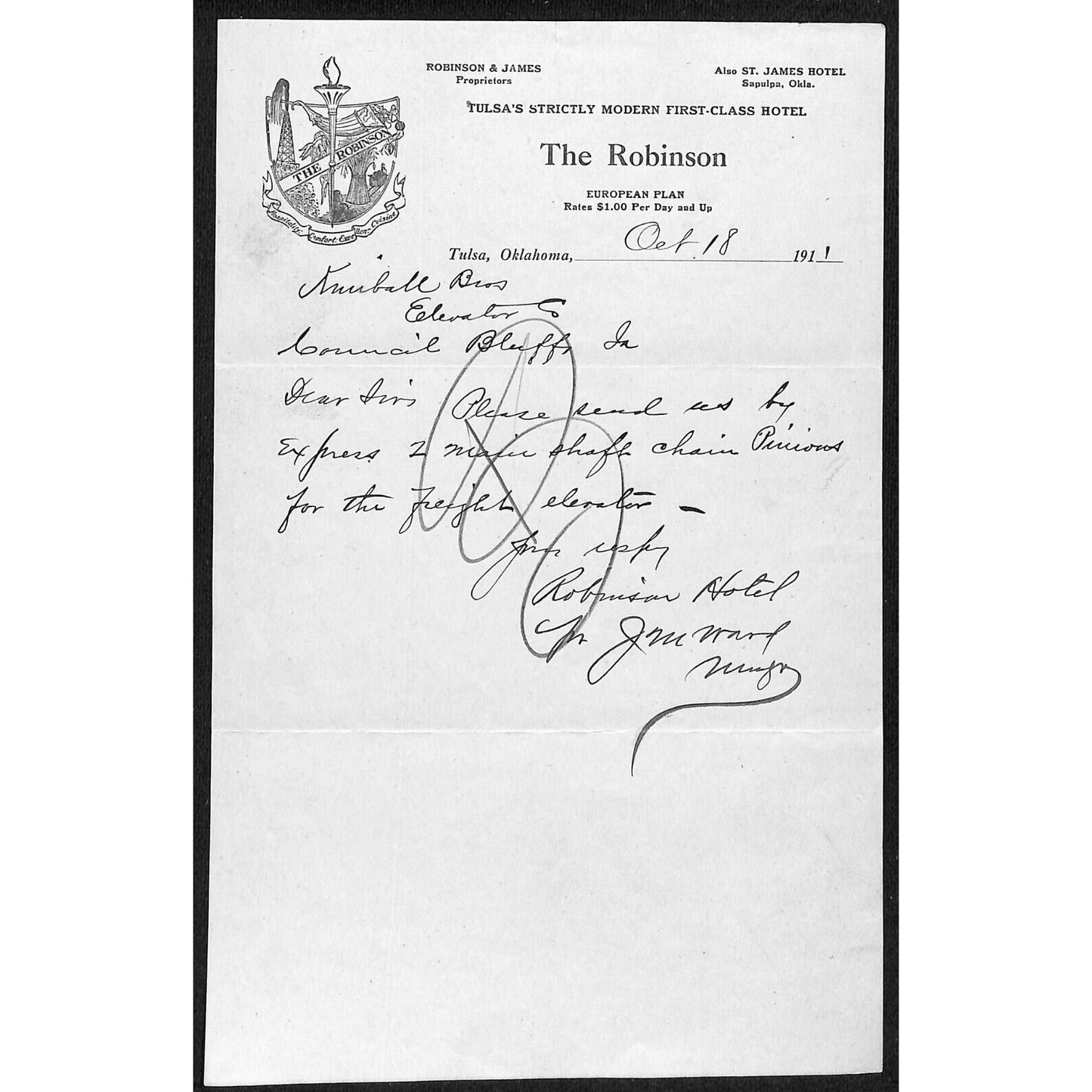 1911 The Robinson Hotel Tulsa, OK ALS Stationary Letterhead Oil Derrick Scarce