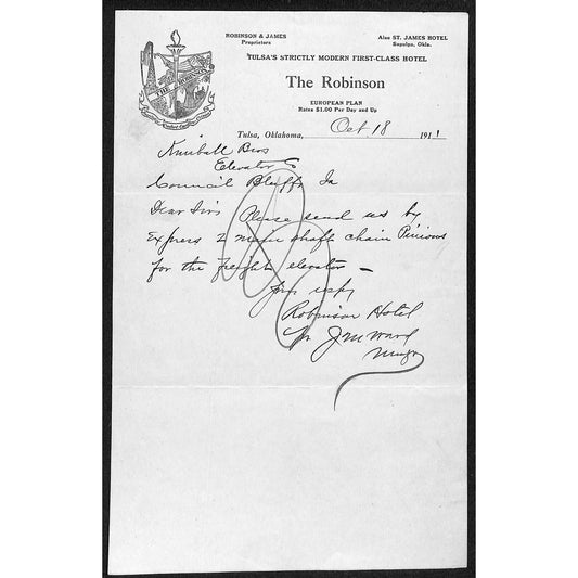 1911 The Robinson Hotel Tulsa, OK ALS Stationary Letterhead Oil Derrick Scarce