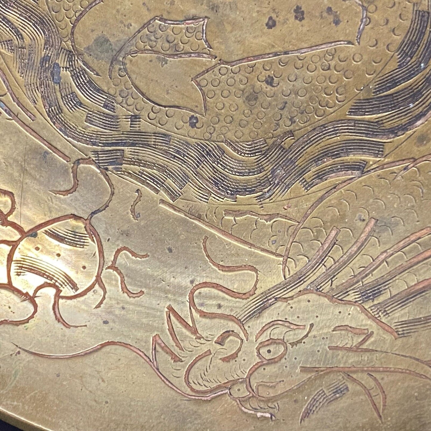 Vintage Lacquered Brass? Engraved Dragon Bowl / Dish 6" dia. 9oz. Marked China