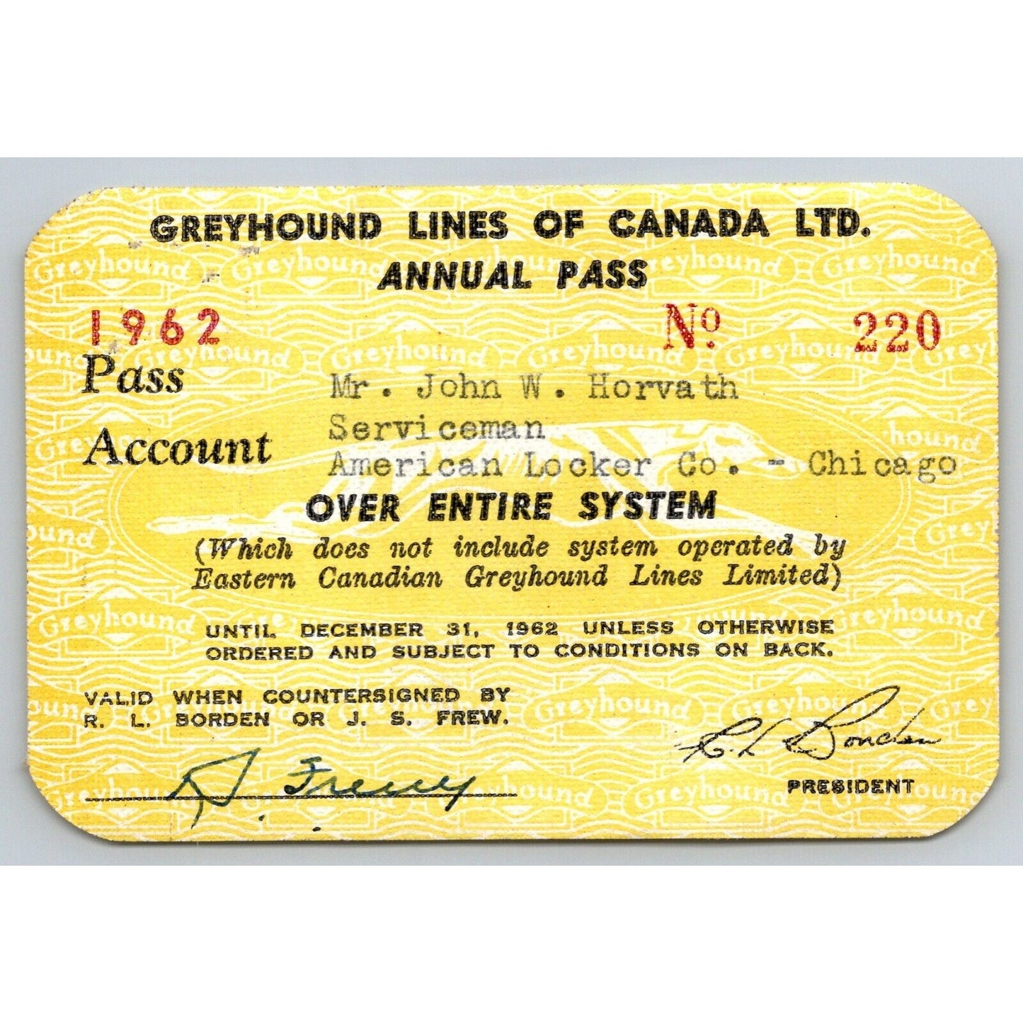 Greyhound Lines of Canada 1962 Annual / Yearly Bus Pass #220