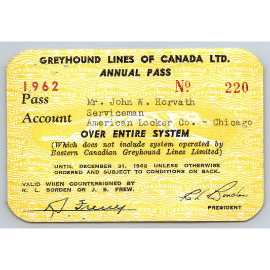 Greyhound Lines of Canada 1962 Annual / Yearly Bus Pass #220