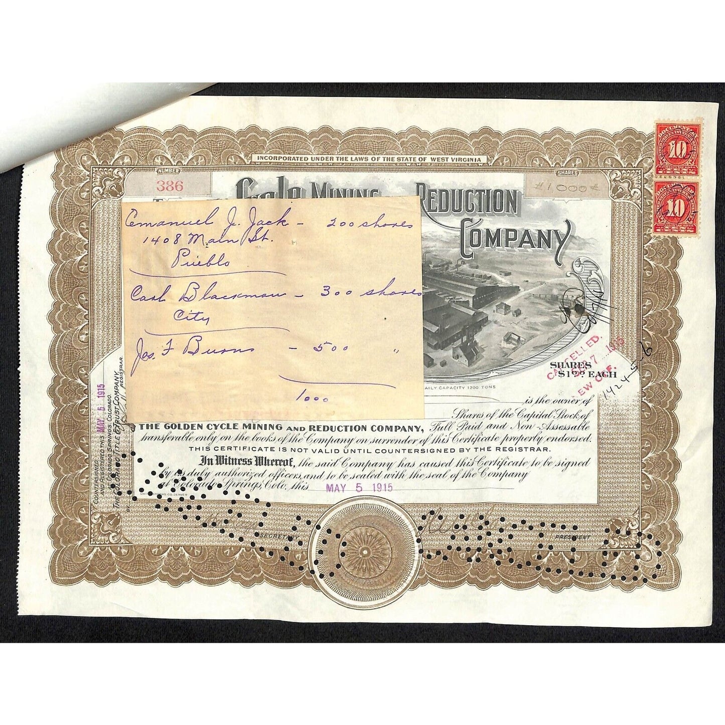 Golden Cycle Mining 1915 Stock Certificate w/ James F. Burns Sig. #386