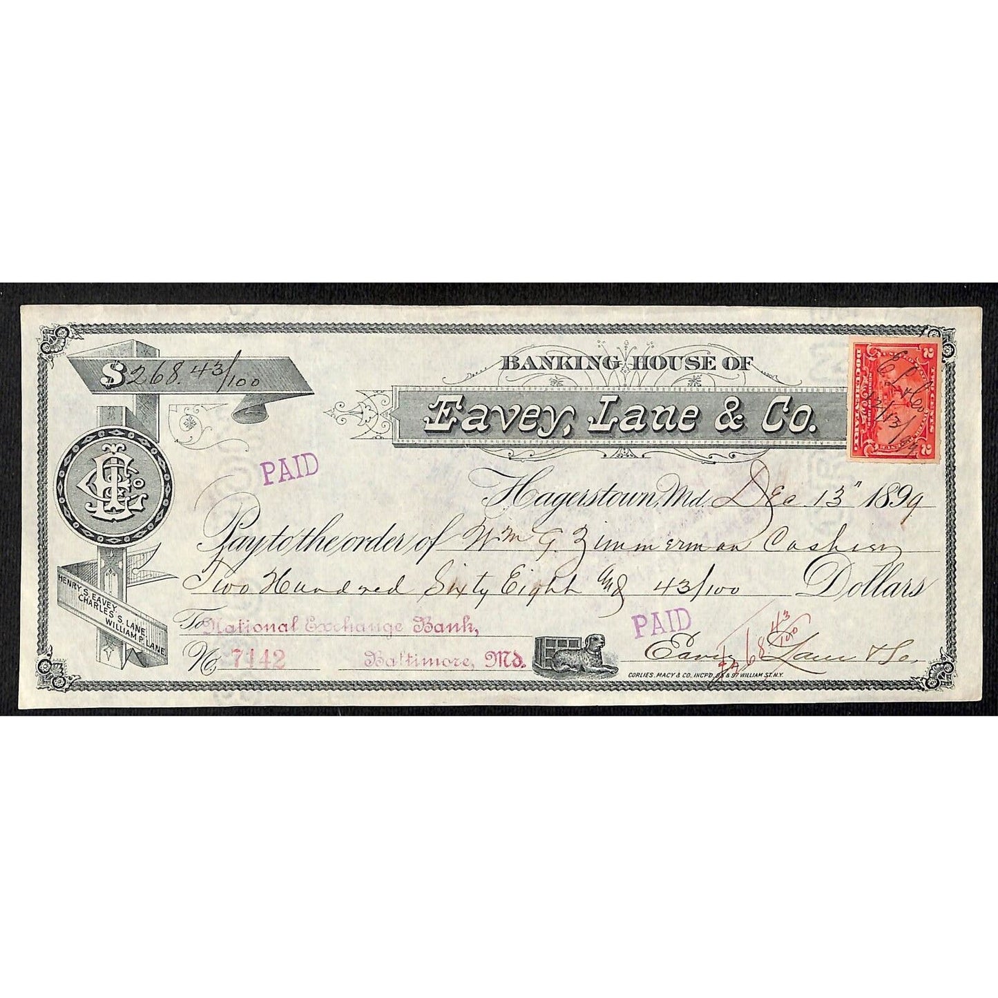 Banking House of Eavey, Lane & Co. Hagerstown, MD 1899 Bank Check w/ Tax Stamp