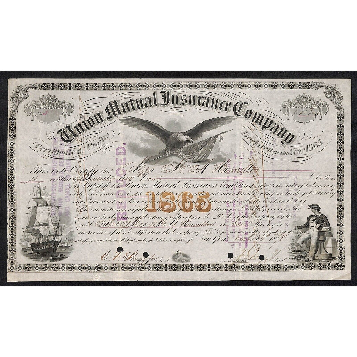 Union Mutual Insurance NY 1865 "Certificate of Profits" to Mrs. M.A Hamilton ?