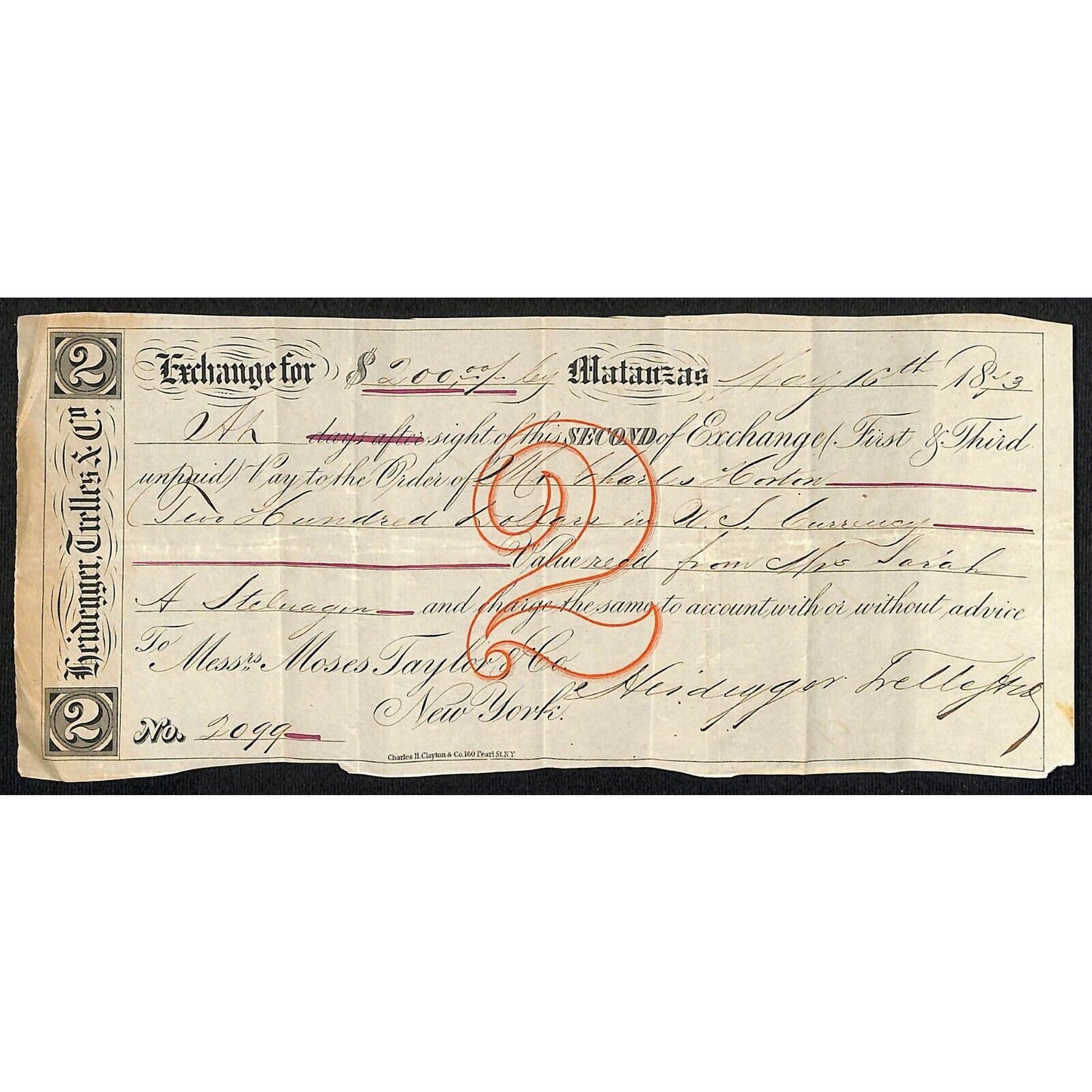 1873 "Second of Exchange" Certifictae $200 Heidegger Trelles & Co. Matanzas