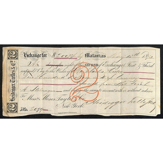 1873 "Second of Exchange" Certifictae $200 Heidegger Trelles & Co. Matanzas