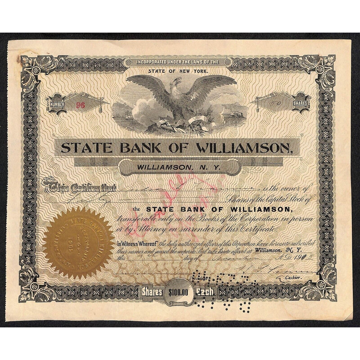 State Bank of Williamson NY 1915 Stock Certificate Jordan L. ?? Scarce