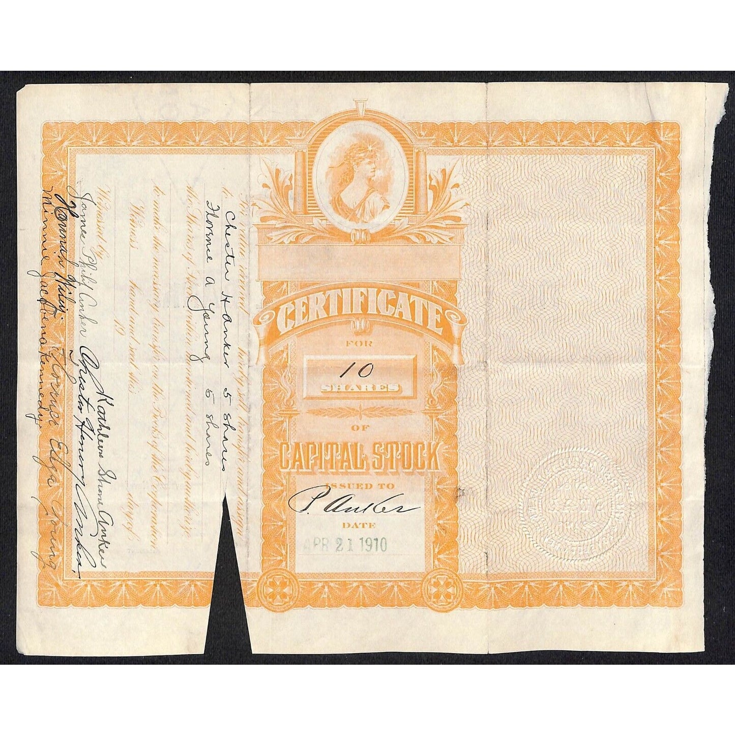 First National Bank of Lovelock, NV 1910 Stock Certificate to Peter Anker * #54