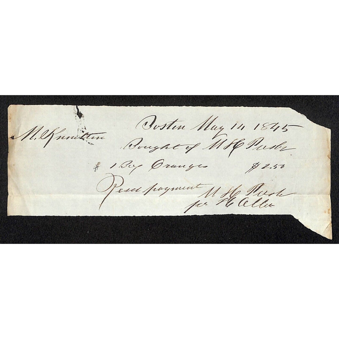 1845 Jabez Knowlton* Newburgh, ME General Store Receipt $2.50 "Box of Oranges"