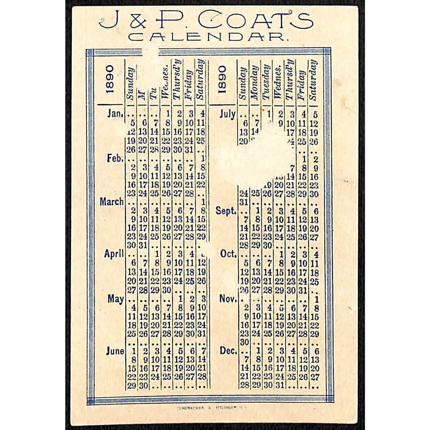 J & P Coats Thread Victorian Trade Card 1890 Calendar Wind Instrument Players