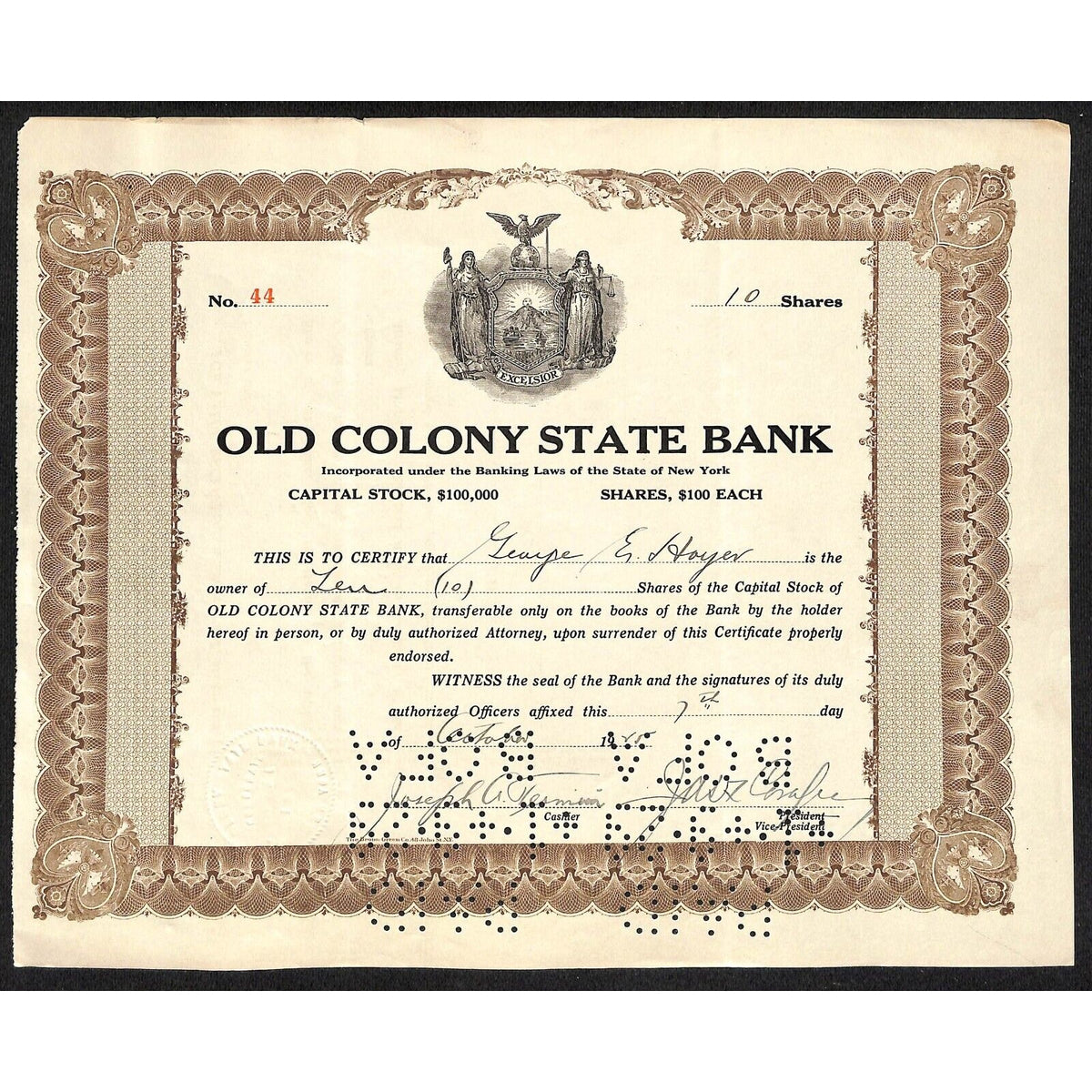 Old Colony State Bank NY 1925 Stock Certificate George E. Hoyer - Scarce
