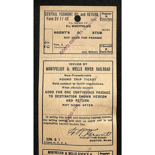 Montpelier and Wells River Railroad Unused Round Trip Ticket Scarce c1941 #42