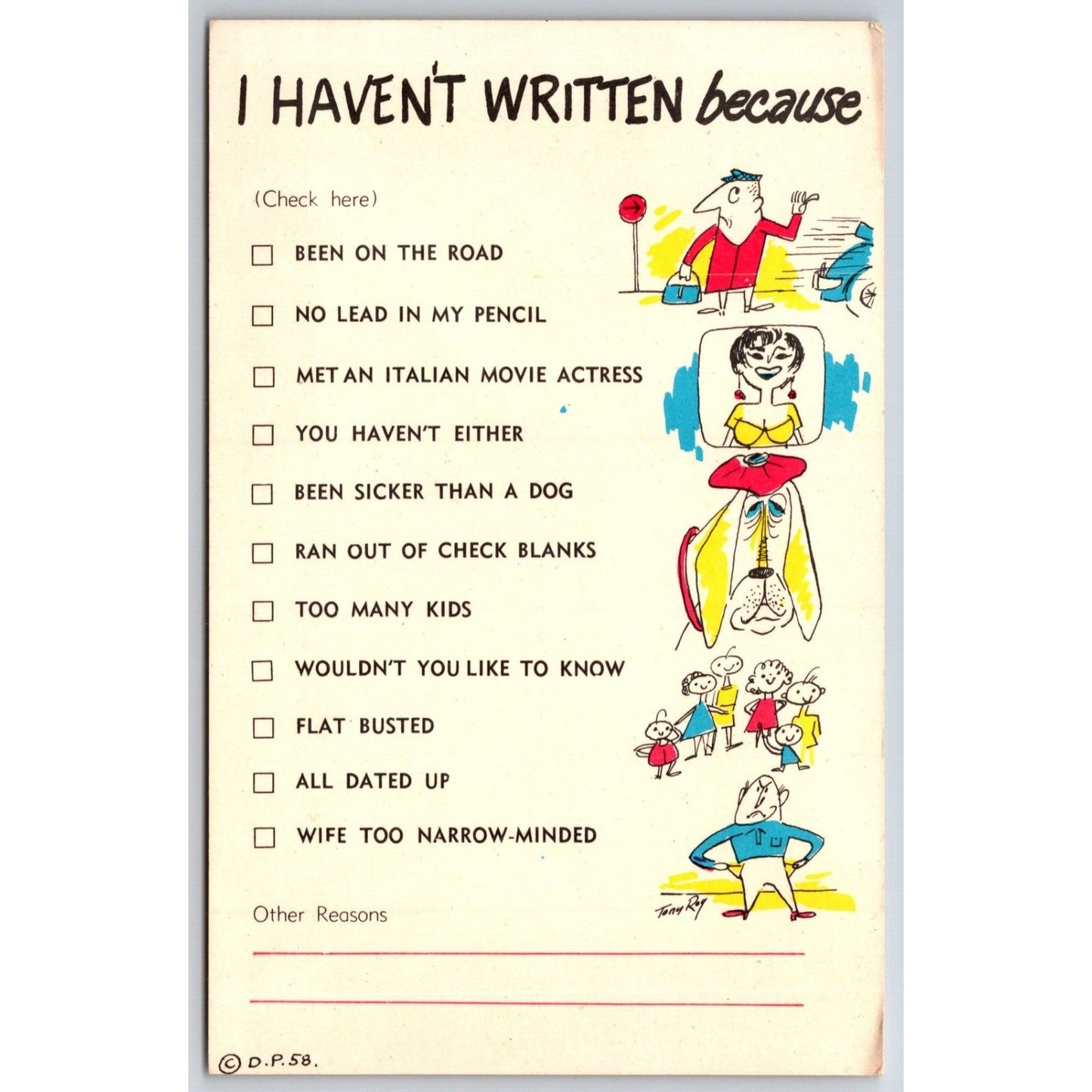 Funny "I Haven't Written Because" Postcard PM c1958 Cartoon Checkbox List