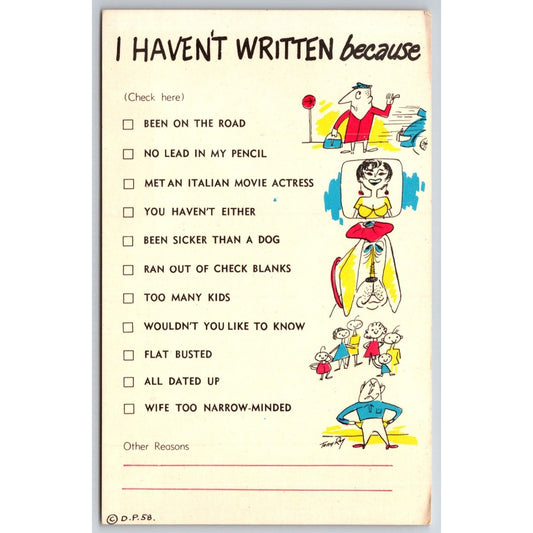 Funny "I Haven't Written Because" Postcard PM c1958 Cartoon Checkbox List