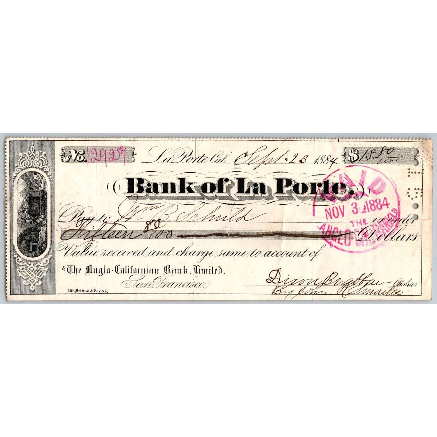 Bank of La Porte Check William B. Schuld 1884 Mining Vignette #13115