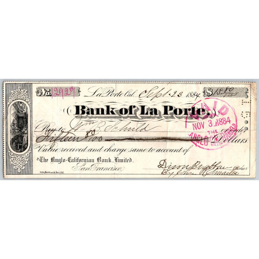 Bank of La Porte Check William B. Schuld 1884 Mining Vignette #13115