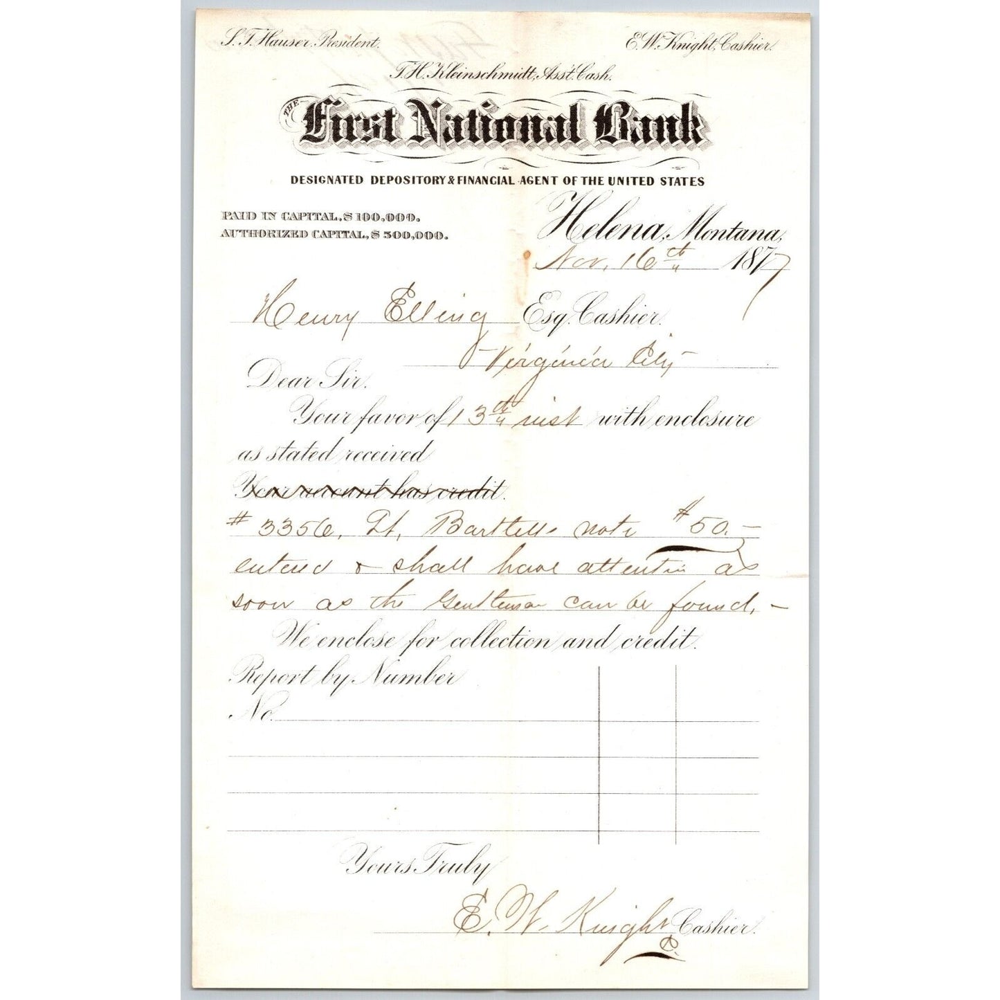 First National Bank Helena, MT 11/16 1877 Payment Advice Henry Elling*