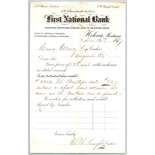 First National Bank Helena, MT 11/16 1877 Payment Advice Henry Elling*