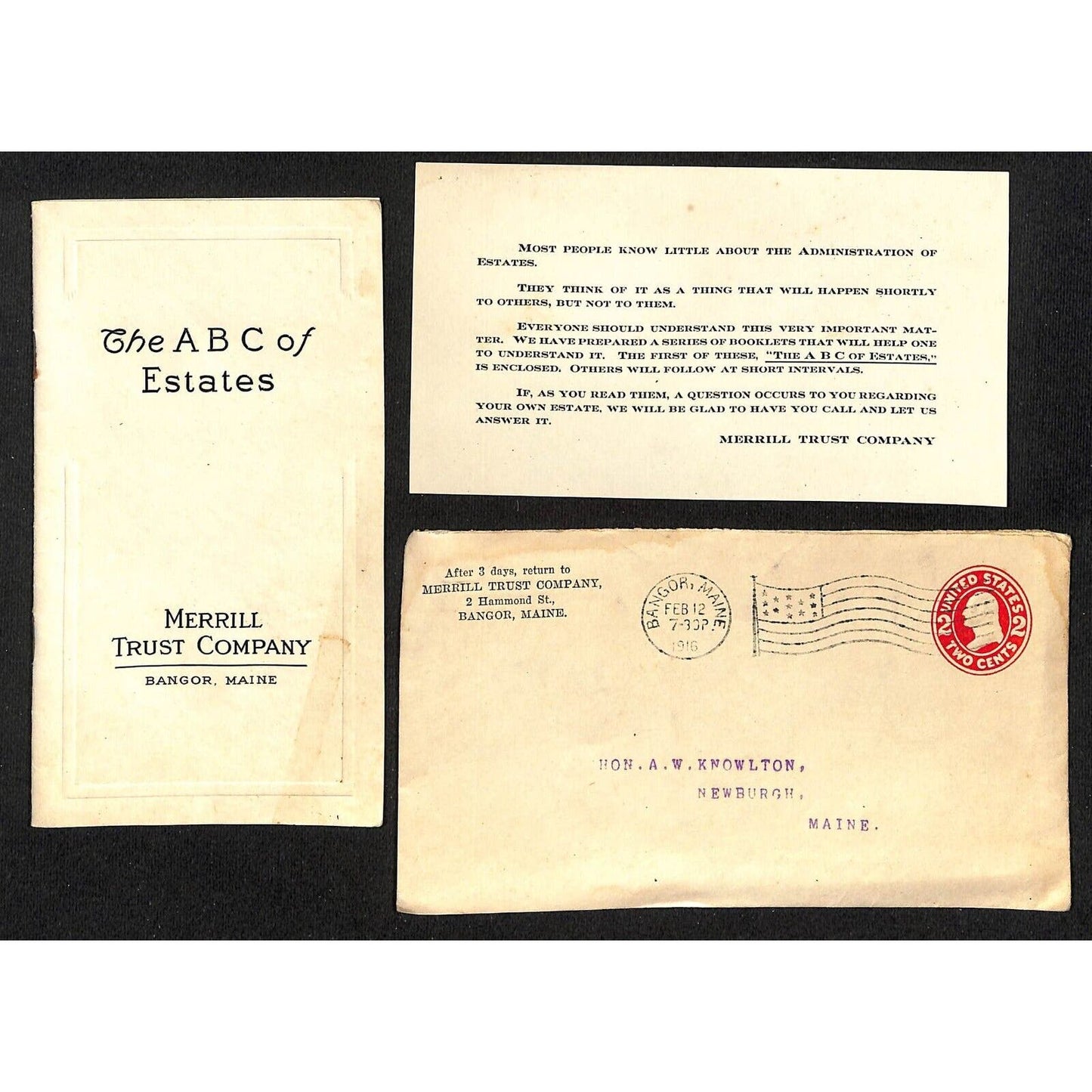 Bangor, ME Merrill Trust Co. 1916 ABC of Estates Booklet & Cover Knowlton*