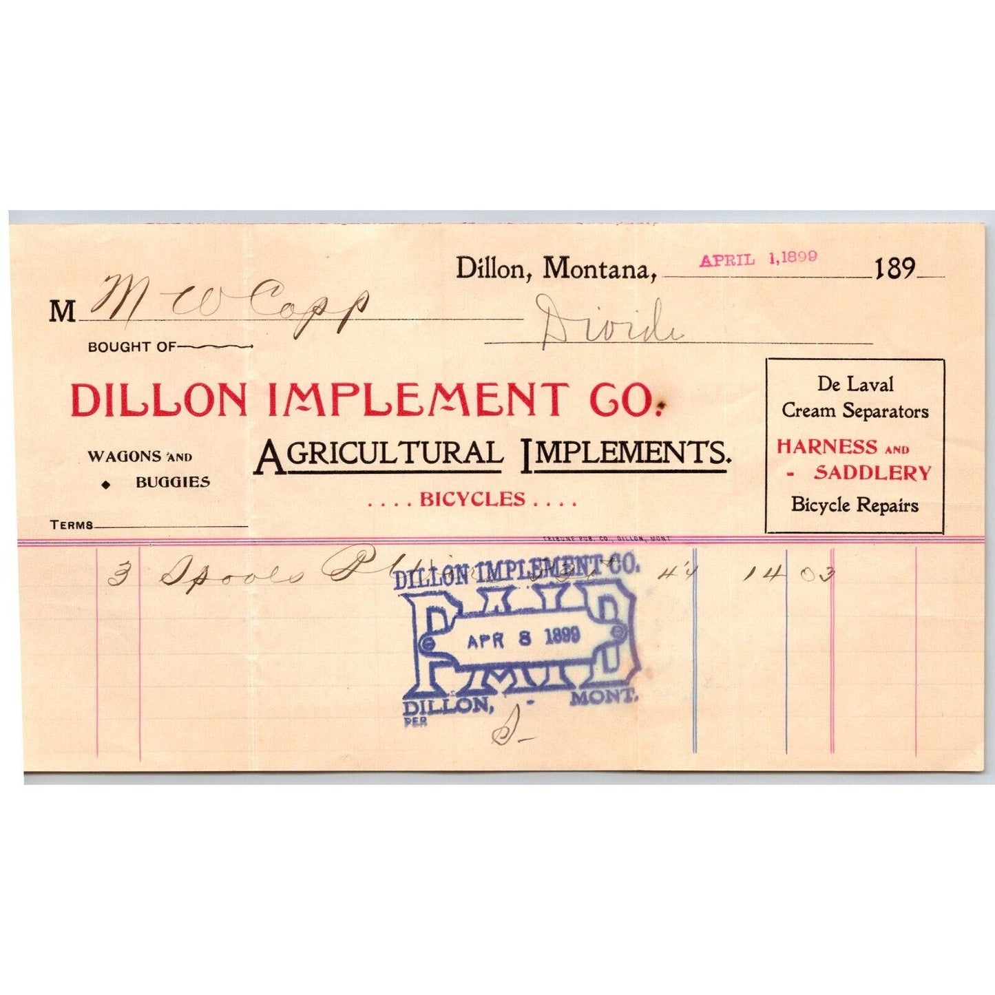 Dillon, MT Dillon Implement Co. Agricultural Bicycles Wagons 1899 Billhead
