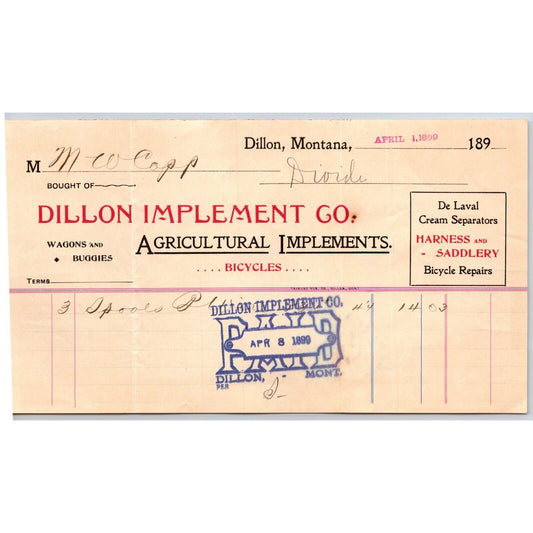 Dillon, MT Dillon Implement Co. Agricultural Bicycles Wagons 1899 Billhead