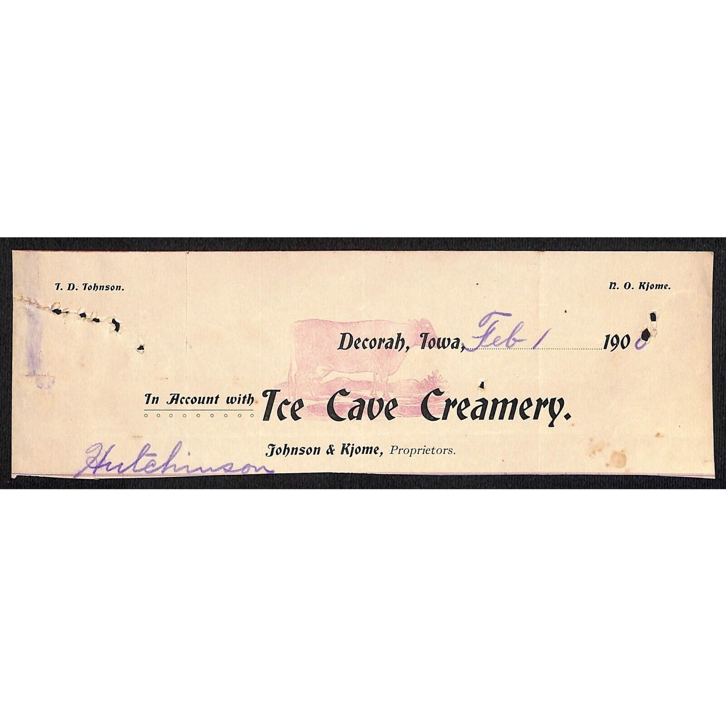 Ice Cave Creamery Hutchinson Decorah IA* Cut 1900 Billhead Cow Vignette