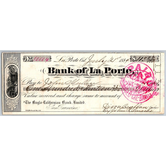 Bank of La Porte Check John Muller 1884 Mining Vignette #12664