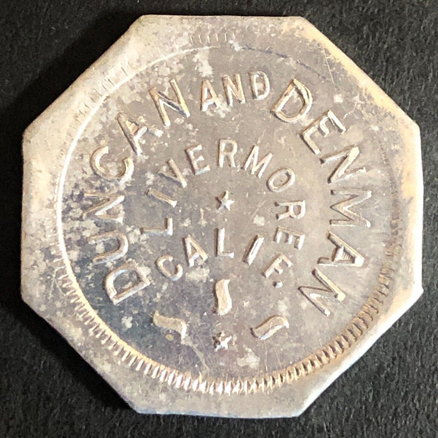 Duncan and Denman Livermore CA Cigars? c1917 Alum G/F 12 1/2¢ Trade Token 25mm