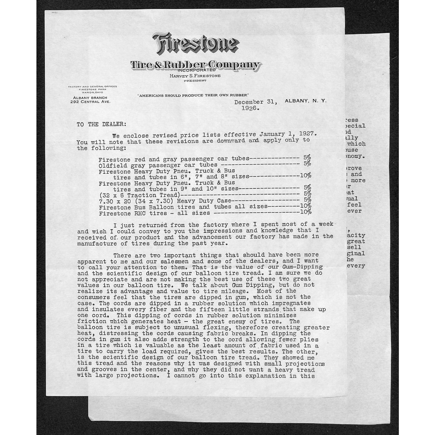 Firestone Tire & Rubber Co. Albany, NY 2pp 1926 TLS Letterhead re: Price Changes