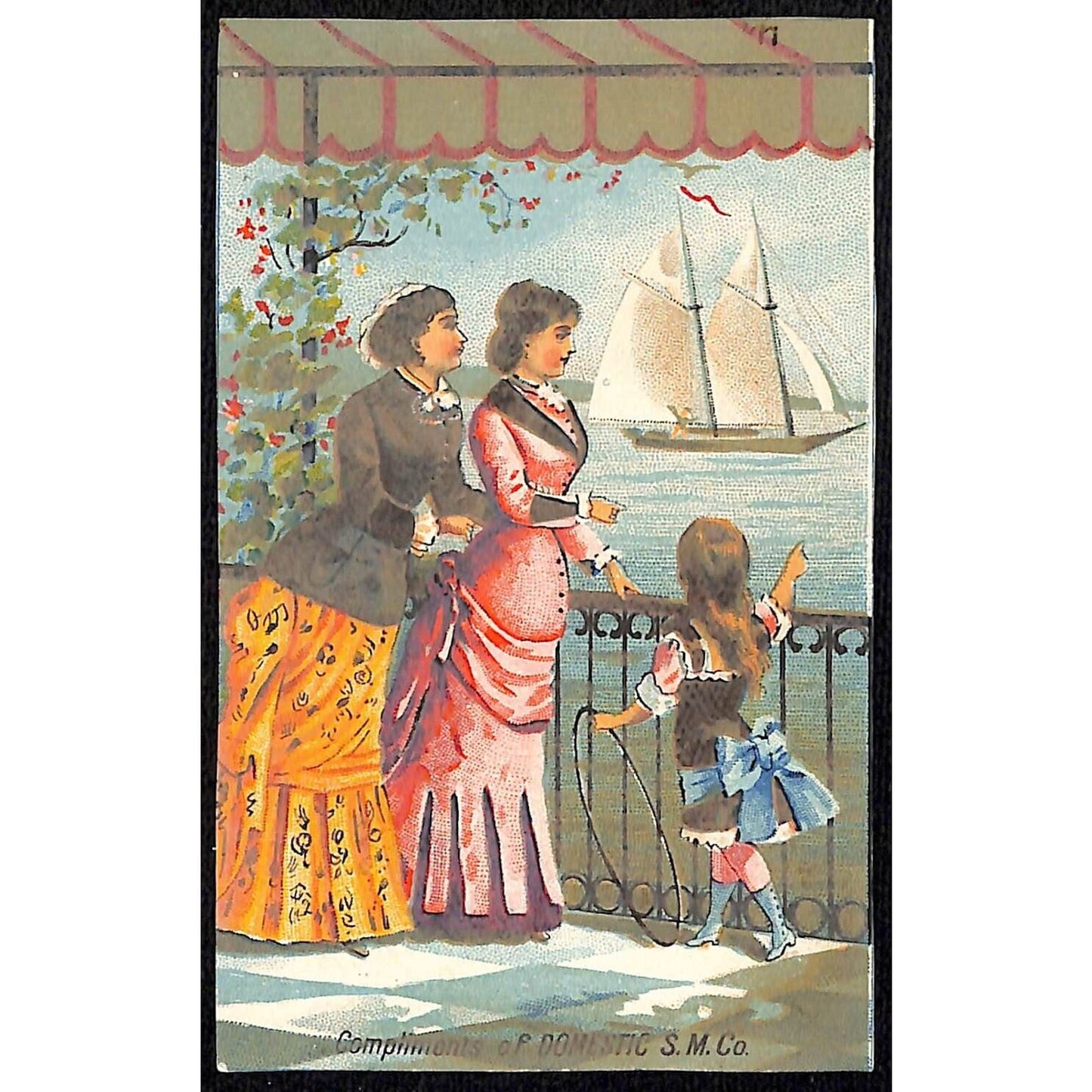 Domestic Sewing Machine Victorian Trade Card Women & Girl Look at Sail Boat