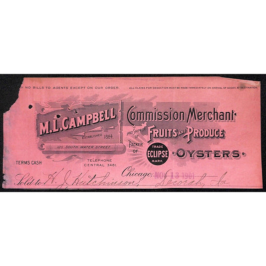 M.L. Campbell Chicago Fruits HJ Hutchinson Decorah, IA* Cut 1901 Billhead