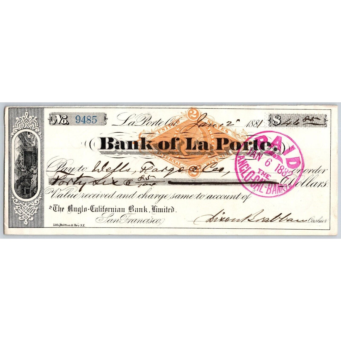 Bank of La Porte Check Wells Fargo 1881 Mining Vignette RN-G1 Rev Stamp #9485