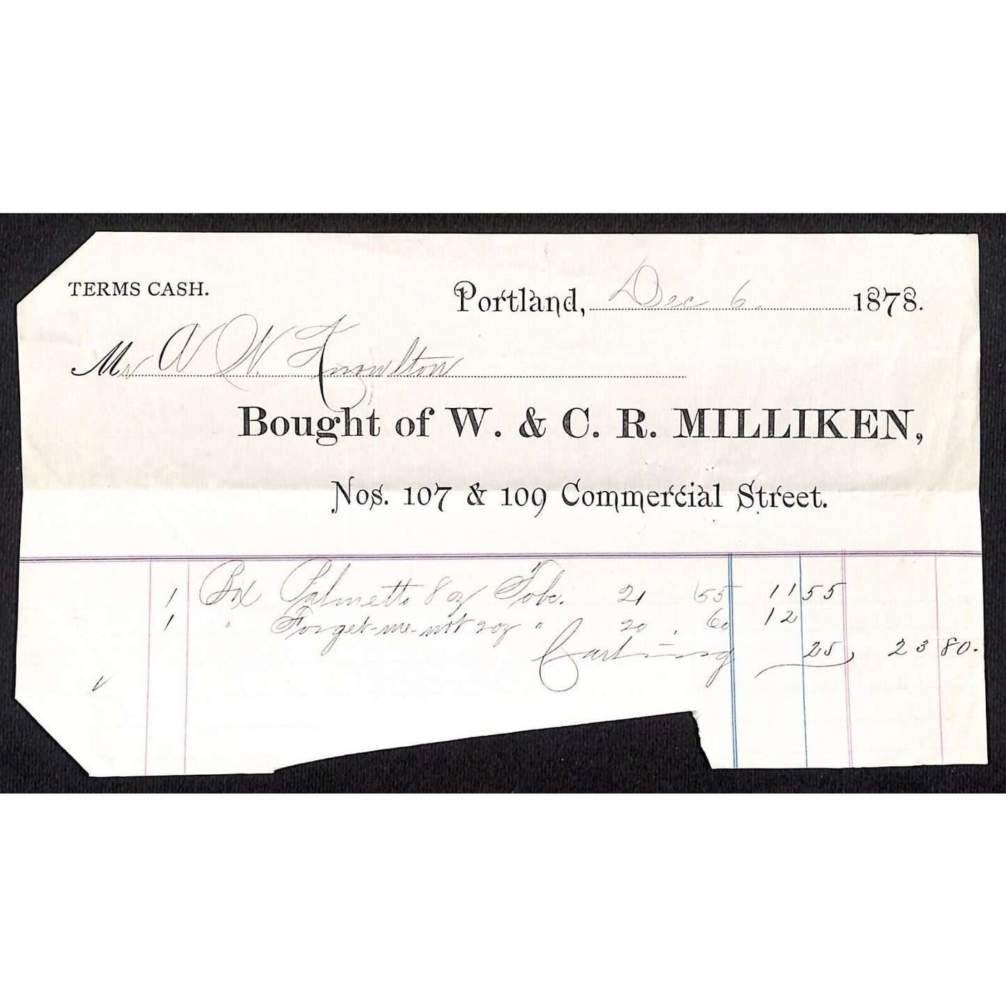 1878 A.W. Knowlton* Newburgh, ME W. & C.R. Milliken Merchant Grocer Billhead