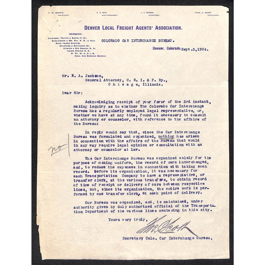 Denver Local Freight Association 1904 Letterhead to CRI&P General Attorney