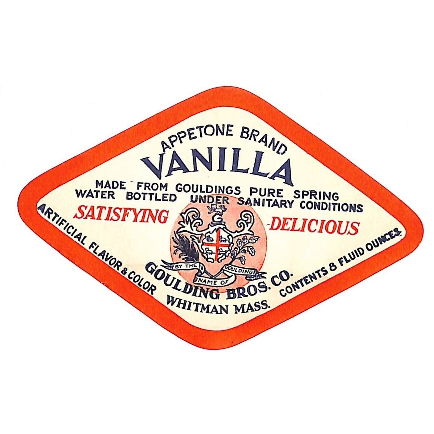 Appetone Vanilla Goulding Bros. Whitman, MA Soda Bottle Label c1925-35