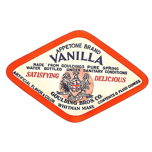 Appetone Vanilla Goulding Bros. Whitman, MA Soda Bottle Label c1925-35